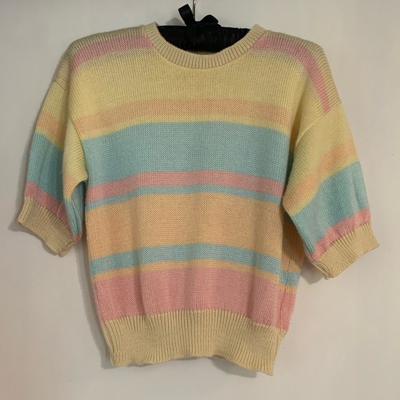 Avon Sweaters - Vintage Avon Fashions Short Sleeve Pastel Striped Women's Sweater